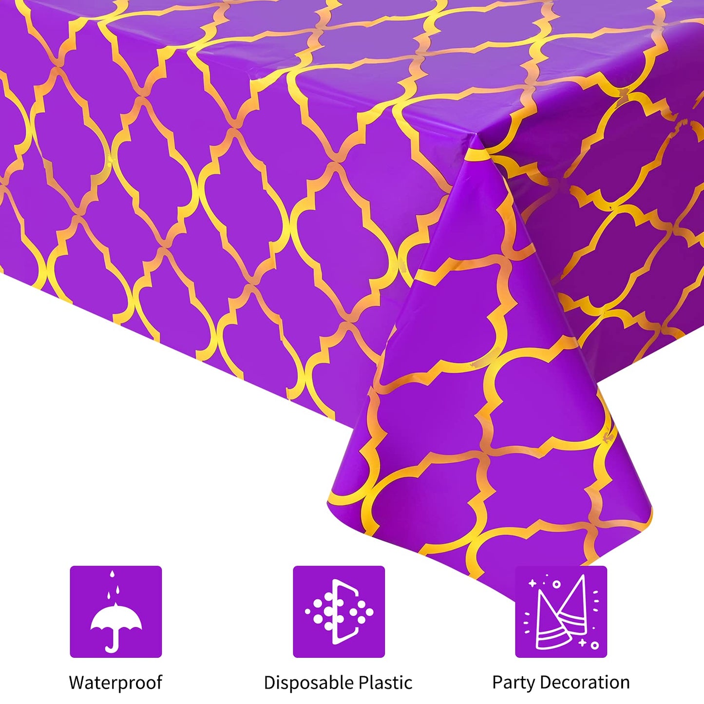 Lecpeting 2 Pcs Arabian Tablecloth Purple Gold Lattice Plastic Table Covers 87 x 51 Inches Arabian Nights Themed Party Decorations for Birthday Party