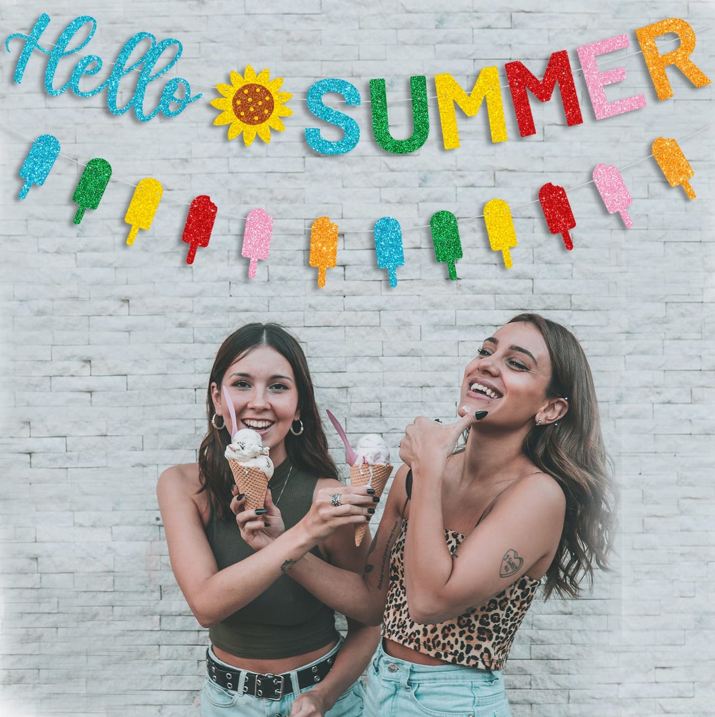 CAVLA Glitter Hello Summer Banner with Sunflower Signs and Colorful Glittery Popsicle Banner Hello Summer Ice Cream Garland Banner Summer Birthday