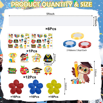 Silkovahamd Kindergarten Graduation Leis 2026 - Candy Lei Making Kit, 6 Clear Candy Tubing Bags 18 Paper Cards 3 Ribbon Rolls 6 Pack Stickers 48