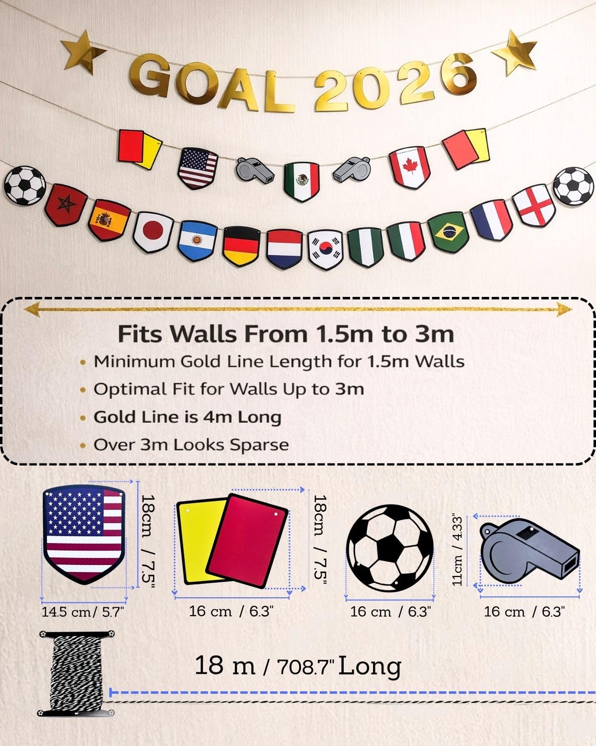 2026 Soccer Watch Party Decorations, GOAL 2026 Banner Set with 15 Country Flags, Soccer Game Day TV Wall Decor for Living Room, Office, Home Party
