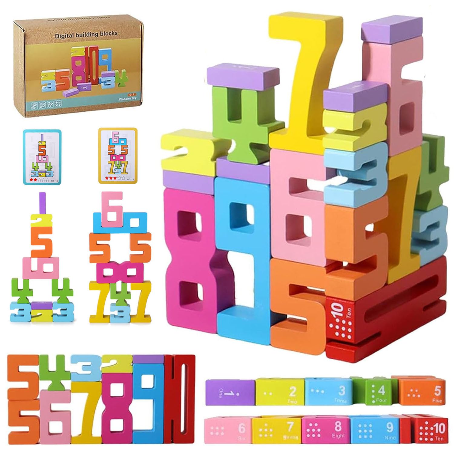 JoyfulPieces 20Pcs Wooden Number Building Blocks,Montessori Number Block Math Learning Toys for Kids,Digital Educational Stacking Counting Toys,Gifts