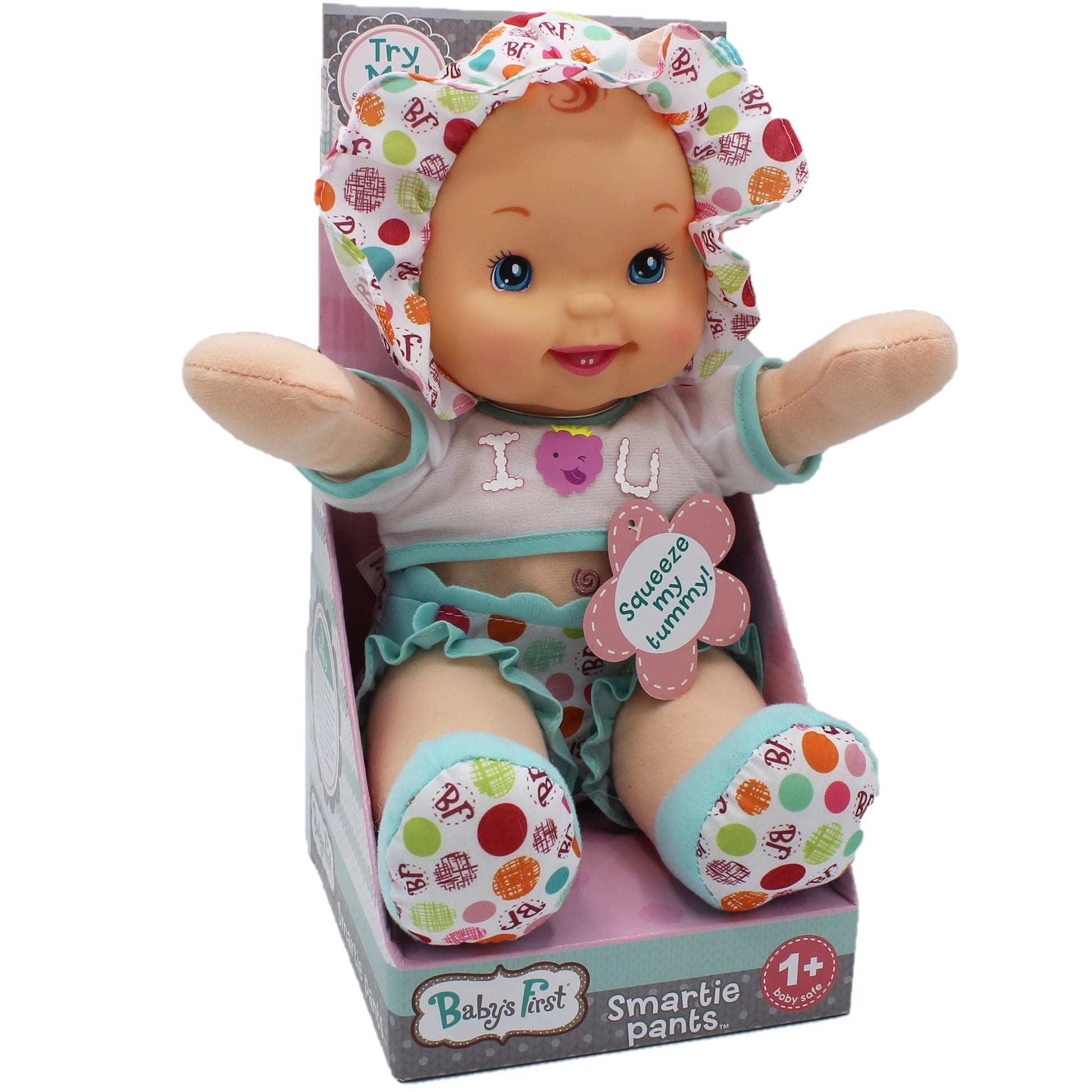 Goldberger Baby's First 12" Smartie Pants Doll with Raspberry White T-Shirt - Includes "Baby Talk" Sound Module with Surprise Raspberry Ending