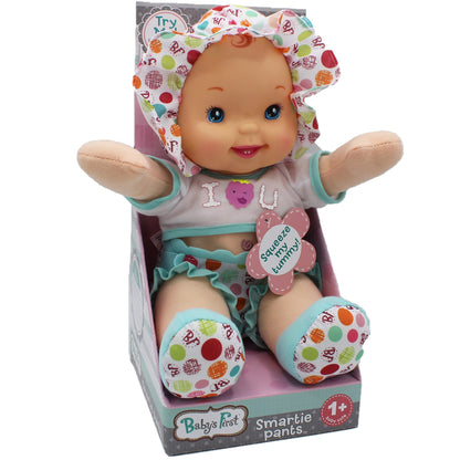 Goldberger Baby's First 12" Smartie Pants Doll with Raspberry White T-Shirt - Includes "Baby Talk" Sound Module with Surprise Raspberry Ending