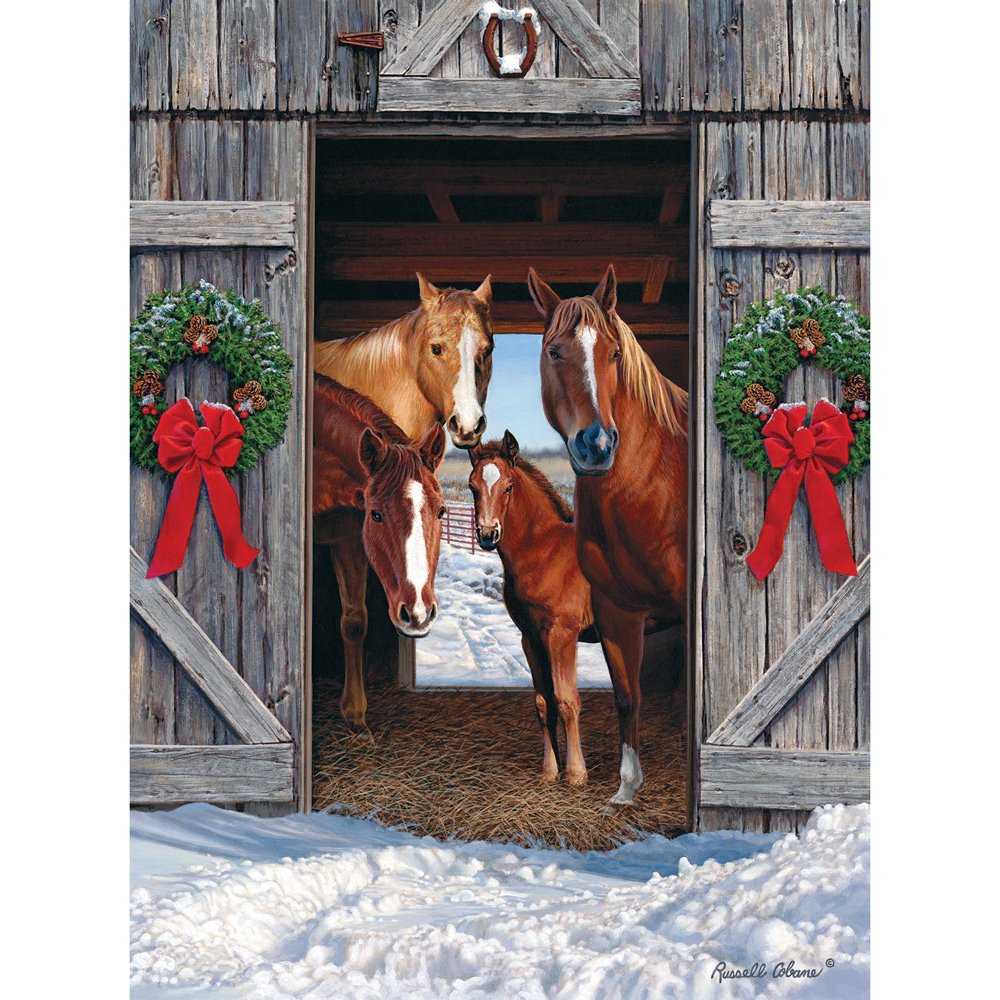 Bits and Pieces - 1000 Piece Jigsaw Puzzle for Adults - Horse Barn Christmas - Winter Holiday Scene Jigsaw Puzzle by Artist Russell Cobane, Completed