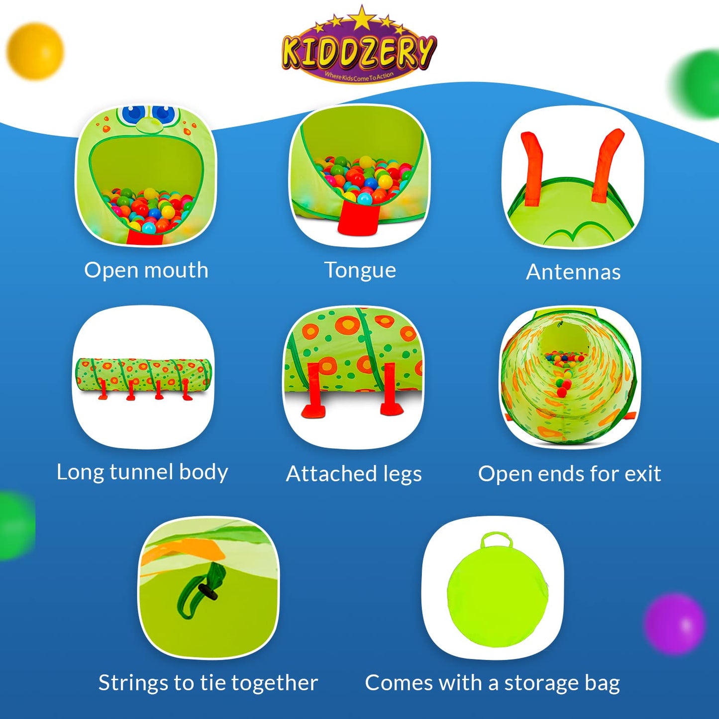Kiddey Caterpillar Kids Play Tunnel and Tent with 50 Balls 2 Pc. Crawl Through Baby Ball Pit Pop up for Toddler and Babies, Indoor & Outdoor Jungle