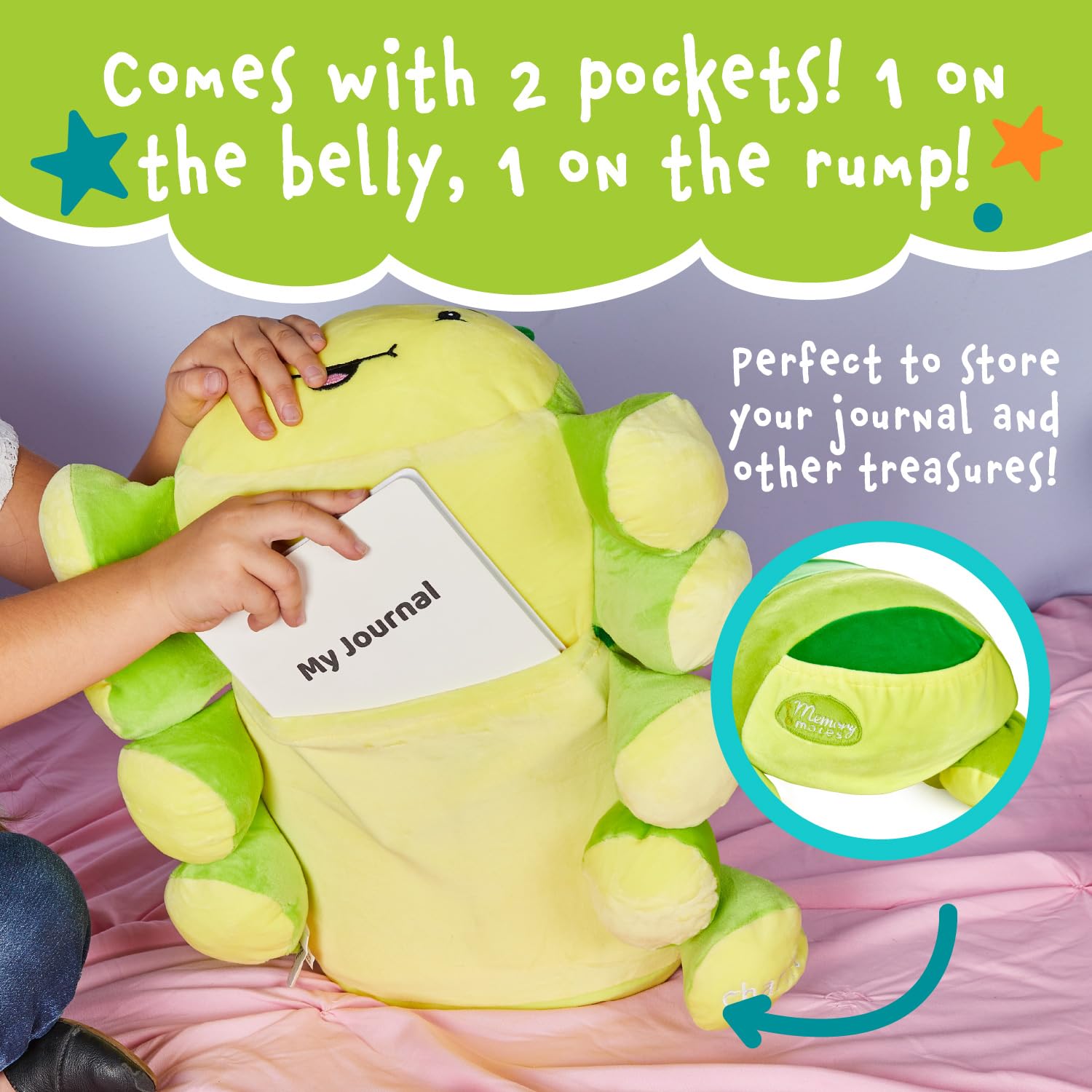 MEMORY MATES Charlie the Caterpillar Memory Foam Pillow Plush with Kid's Diary that Stores in Belly Pocket, 15” Stuffed Animal, 6" Journal