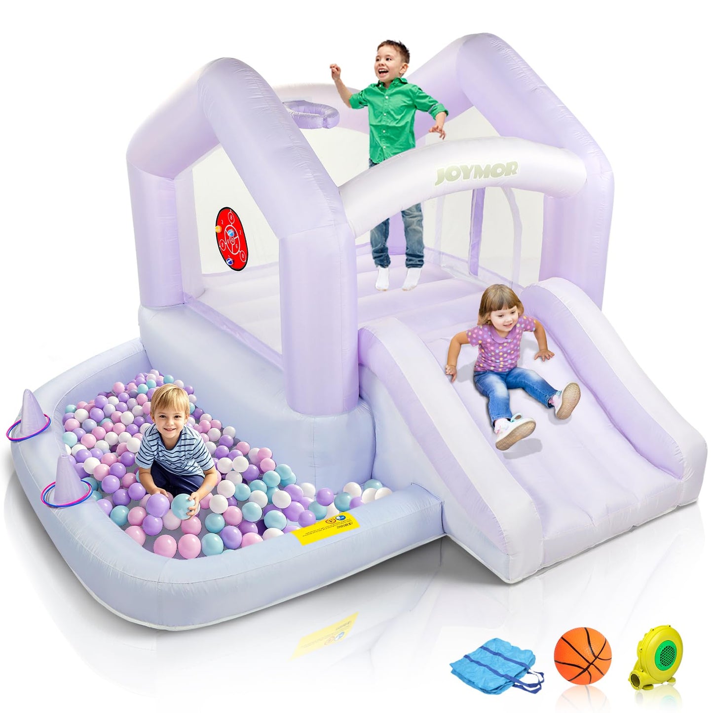 (2026 New) JOYMOR 6 in 1 Grandient Style Inflatable Bounce House for Ages 3-6 w/Ball Pit, Ring-Toss Game, Basketball Hoop and Slide, Bounce House