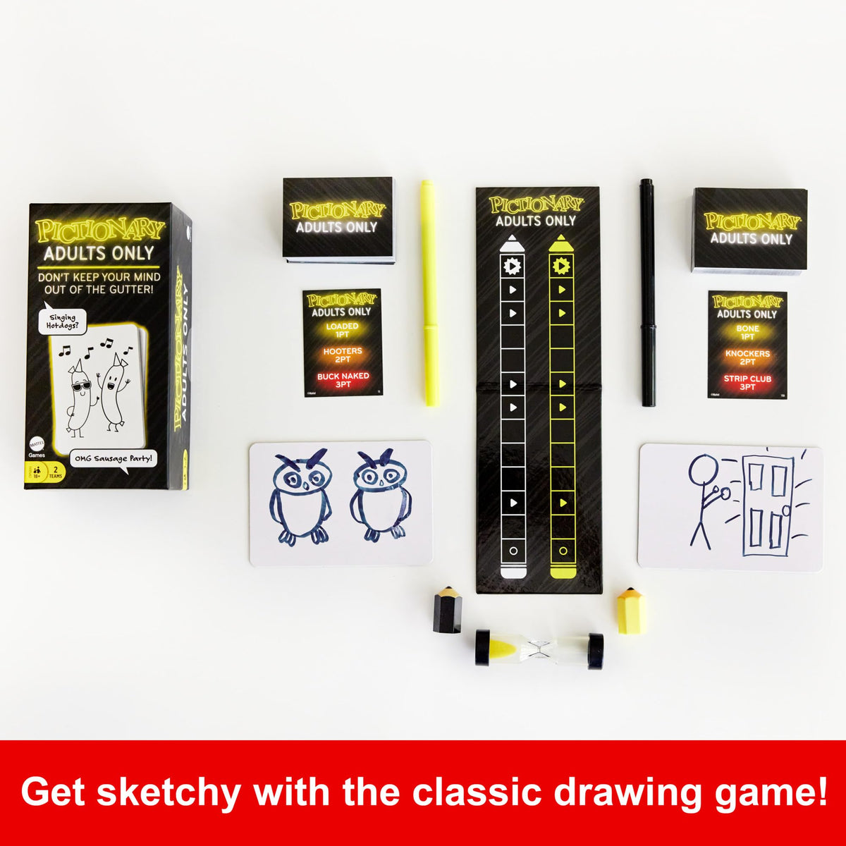 Mattel Games Pictionary Adults Only Party Drawing Game with Silly Sketches & NSFW Clue Cards, Boards, Markers & Sand Timer