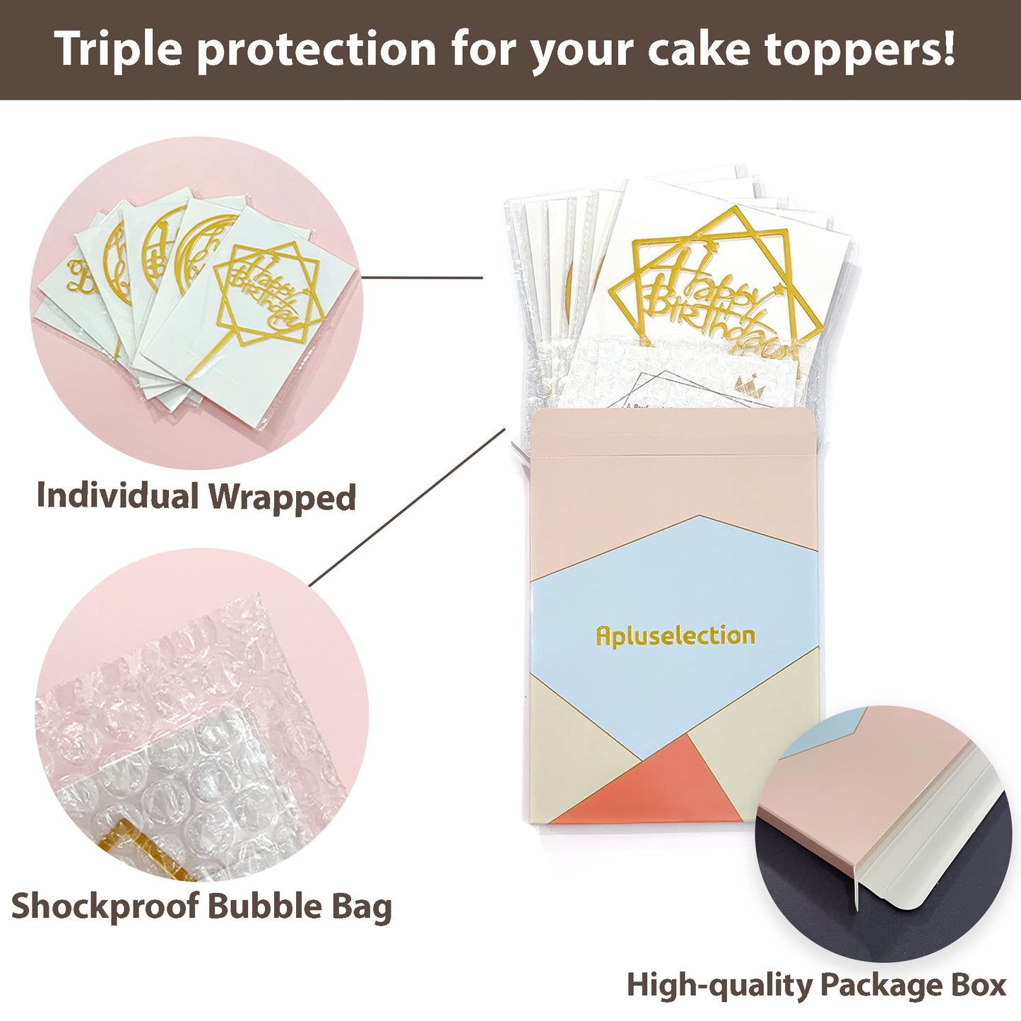 6-Pack Gold Cake Topper Set, Double-Sided Glitter, Acrylic Happy Birthday Cupcake Toppers, Birthday Decorations for Children or Adults.