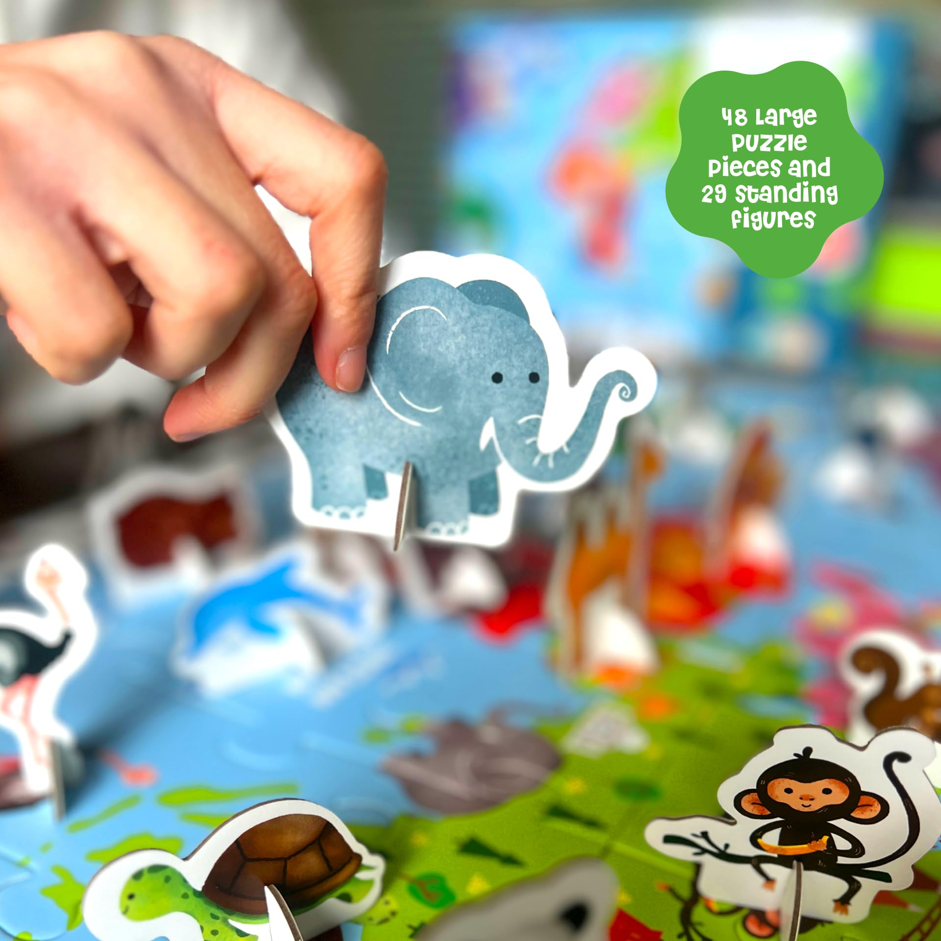 Dinomini Giant World Map Puzzle for Kids - with Interactive Standing Figures - Floor Puzzles for Kids Ages 3-5 - Preschool Learning Activities