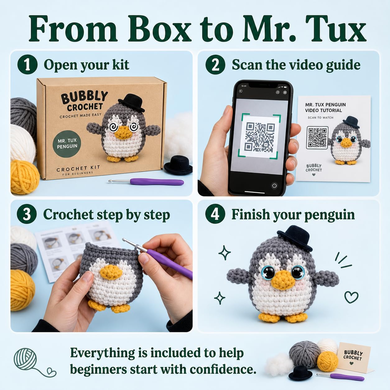 Bubbly Crochet Mr. Tux the Penguin Crochet Kit for Beginners - DIY Penguin Plush with Customizable Eyes & Hat, Step-by-Step Video Tutorials