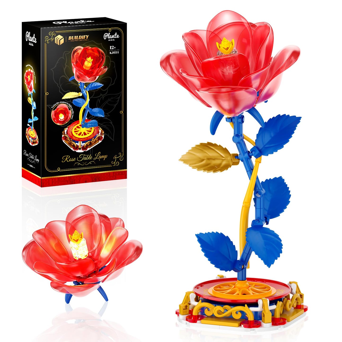 Rose Table Lamp Building Set with Light. Princess Flower-Shaped Building Kits. Creative Home Decoration & Artificial Flower Night Light, Valentines