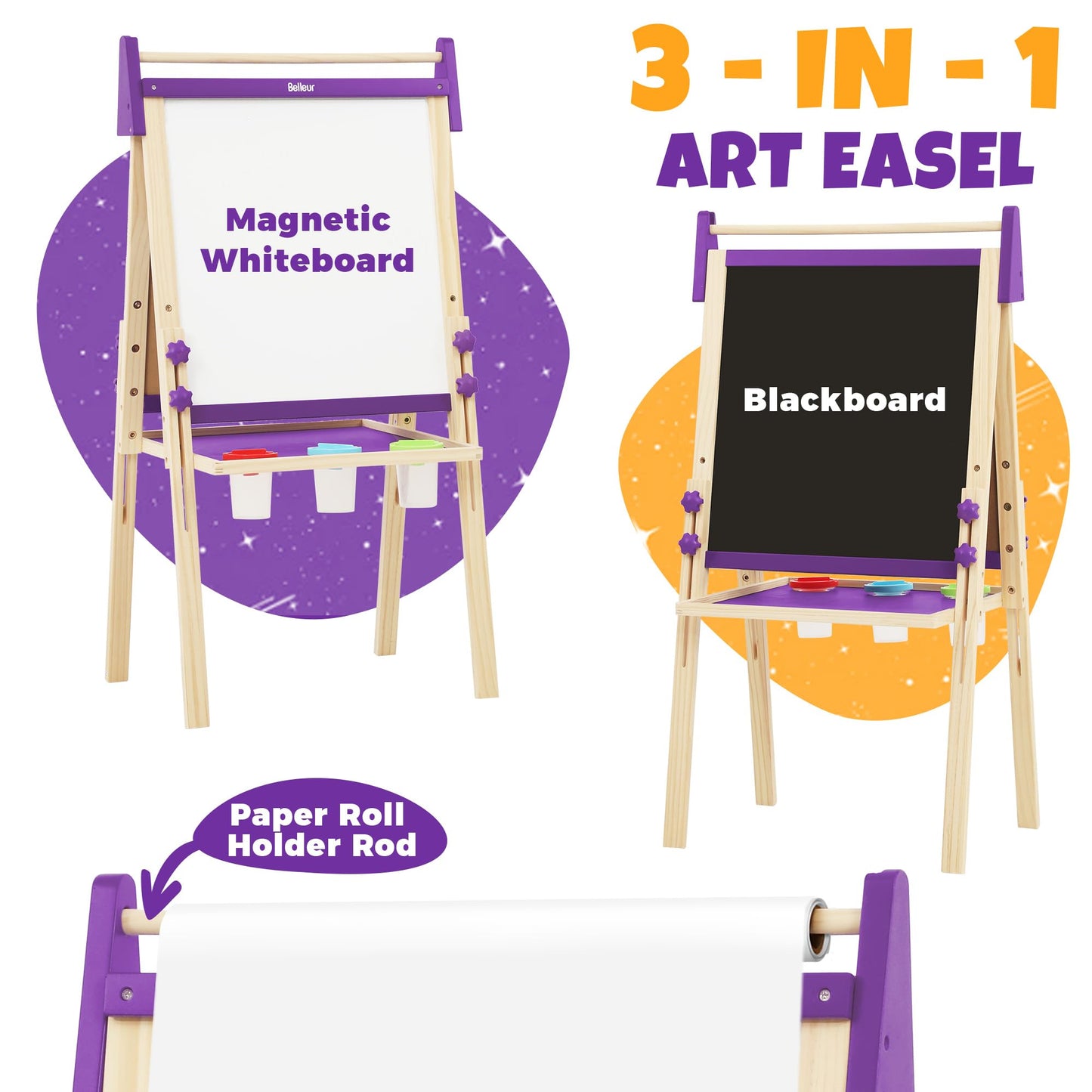 Belleur Wooden Art Easel for Kids 2+, Adjustable Double Sided Easel for Toddlers with Dry-Erase Board & Magnetic Whiteboard & Paper Roll Rod, 28"-40"