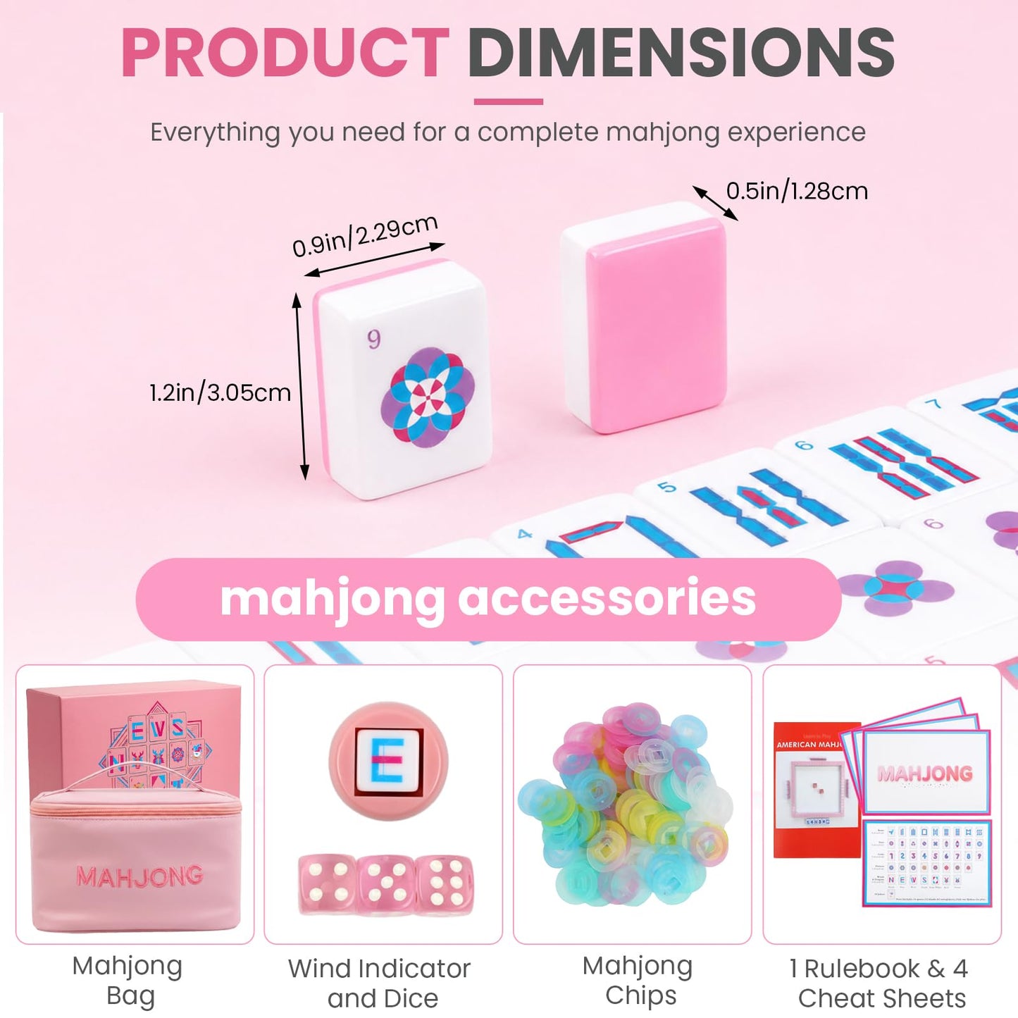 JOQQO American Mahjong Tile Set - 166 Pink Engraved Melamine Tiles 1.2 Inch - Easy Read Numbered Set with Bag, Dice, Chips, Rulebook & Reference Cards