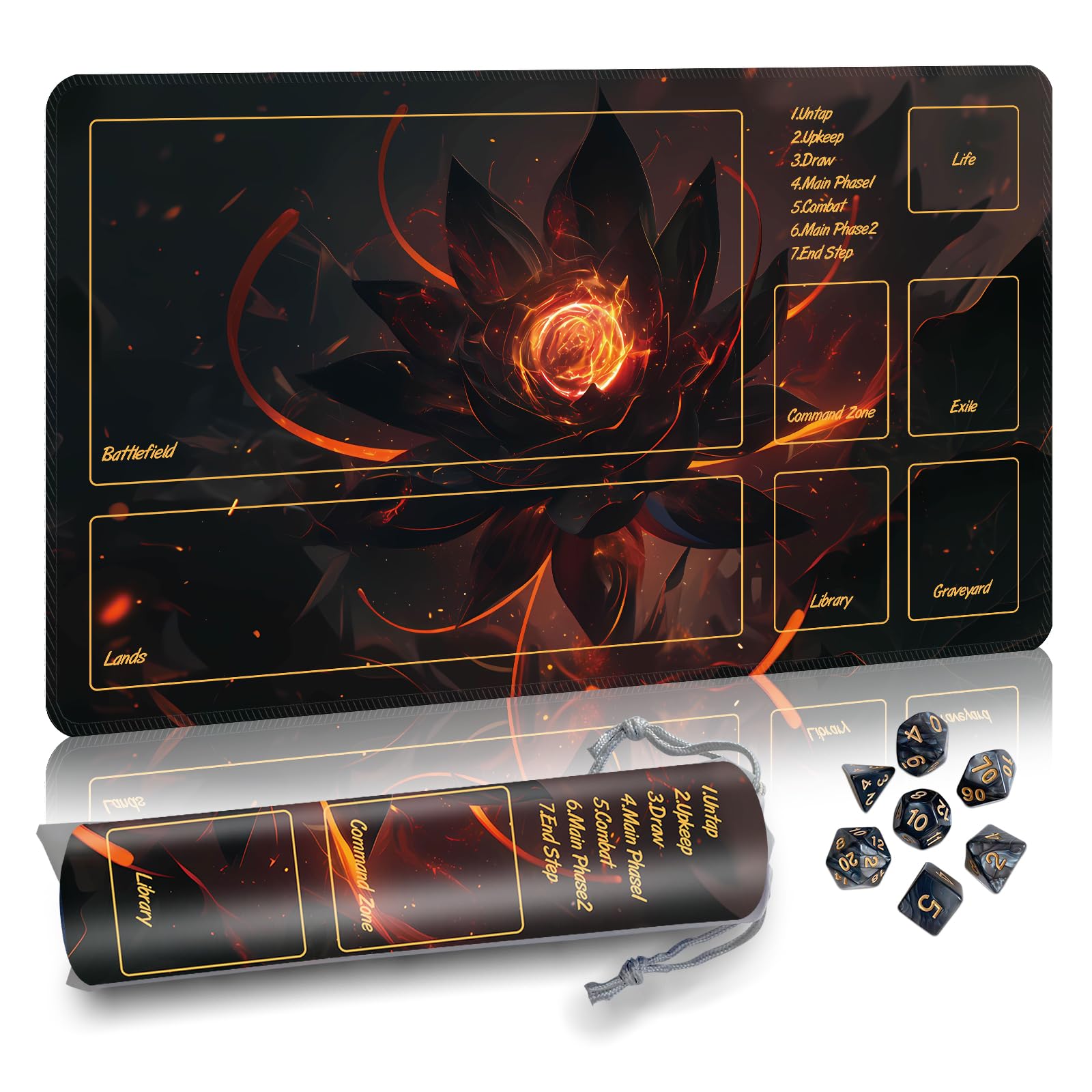 Partypda MTG Mat TCG DND Playmat with Storage Bag & 7 Dice | Waterproof Non-Slip Surface | Premium Edge-Locking Design | Play Mat with Zones for Magic