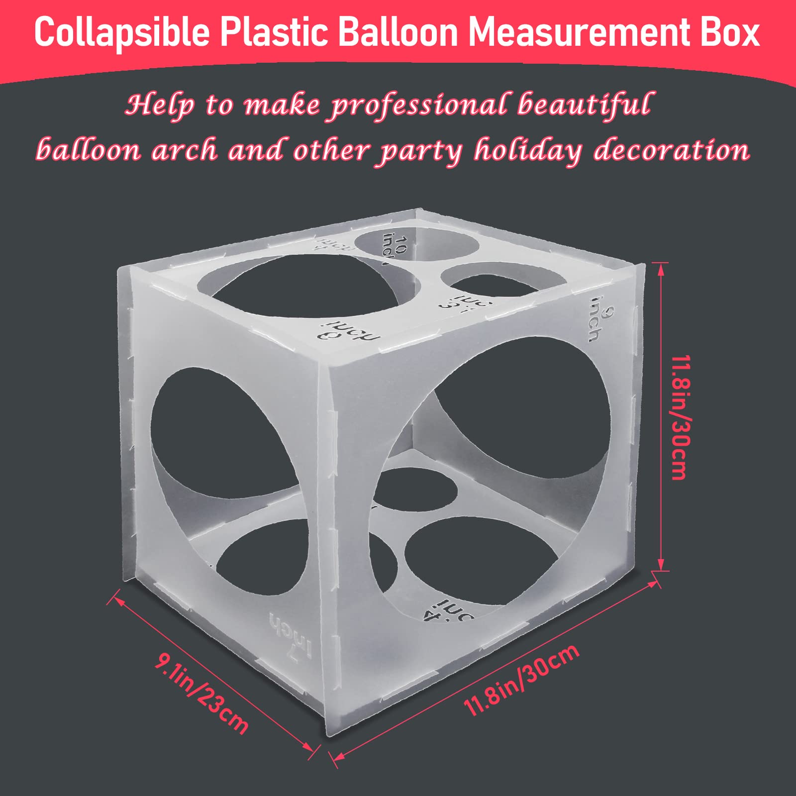 11 Holes Balloon Sizer Cube Box, Catcan 2-10 Inch Collapsible Plastic Balloon Size Measurement Tool for Party Balloon Arches Columns Decoration