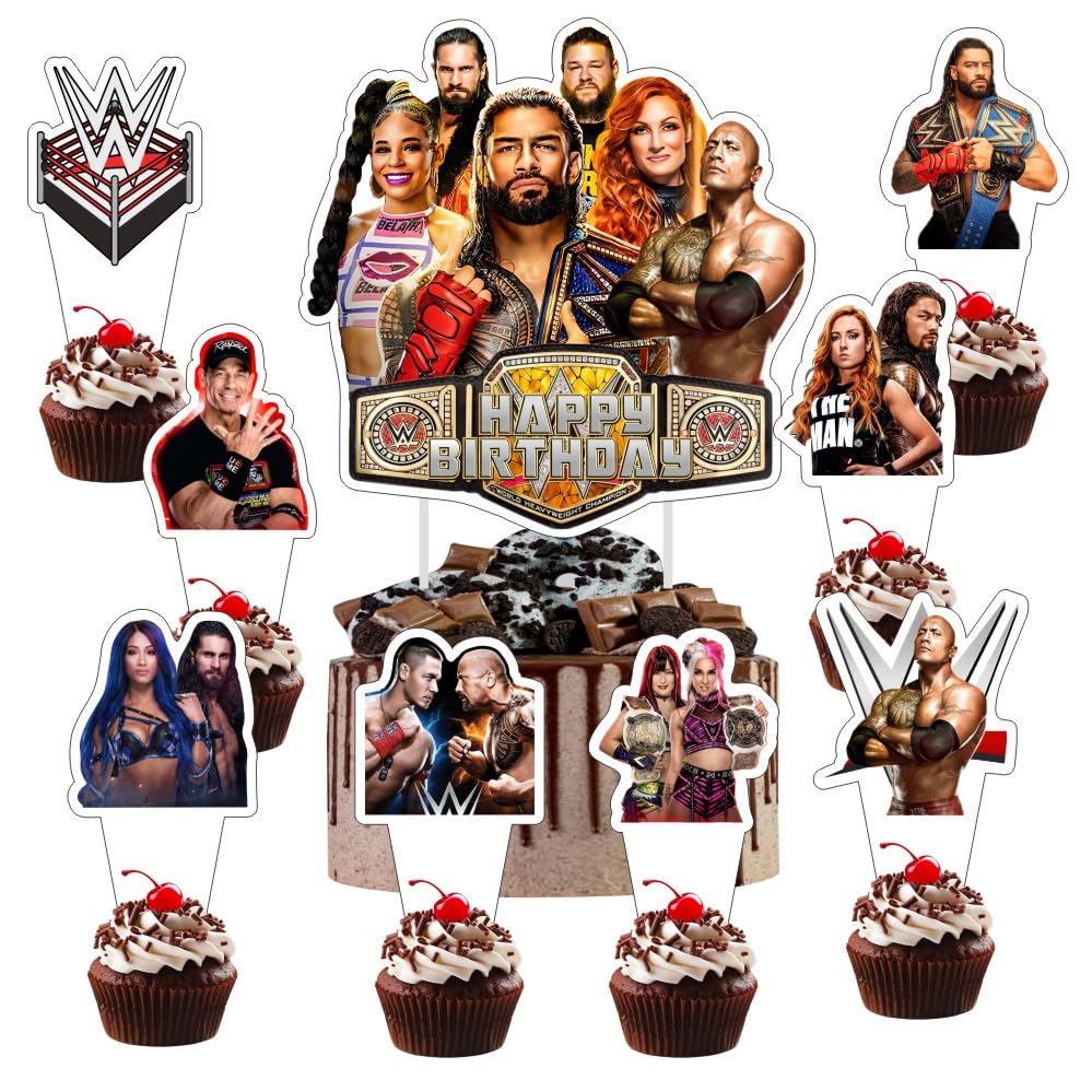 25pcs Wrestling Cake Decorations with 1pcs Cake Topper, 24pcs Cupcake Toppers for Wrestling Birthday Party Supplies