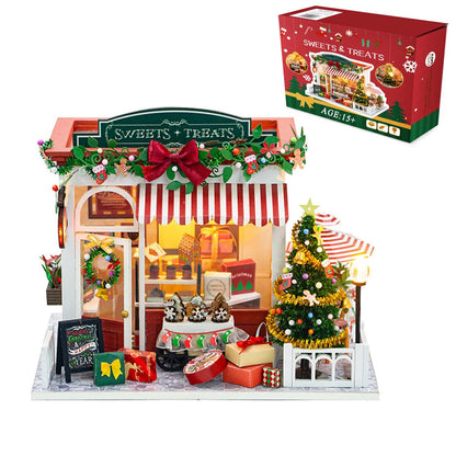 Miniature House Kit for Adult and Teens, Christmas Candy House Building Kit for Family and Friends, Mini Wooden Dollhouse Kit for Halloween Christmas