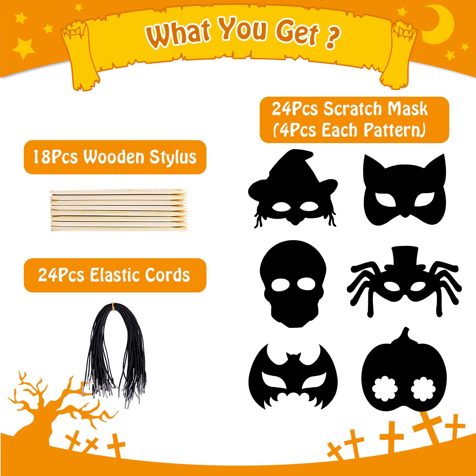 MGparty 24PCS Halloween Scratch Masks Craft Kit Rainbow Magic Scratch Paper Art for Kids Classroom Activities Birthday Party Favors School Art DIY