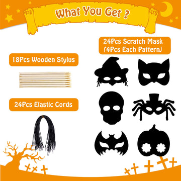 MGparty 24PCS Halloween Scratch Masks Craft Kit Rainbow Magic Scratch Paper Art for Kids Classroom Activities Birthday Party Favors School Art DIY
