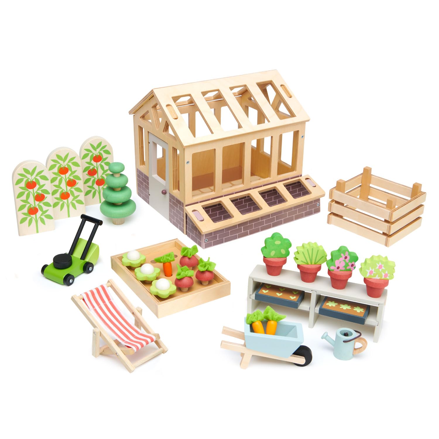 Tender Leaf Toys - Greenhouse Garden Set - 28 Pcs Natural Gardening Miniature Pretend Play Set, Wooden Harvest Farm Toys - Inspires Endless