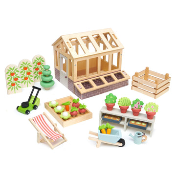 Tender Leaf Toys - Greenhouse Garden Set - 28 Pcs Natural Gardening Miniature Pretend Play Set, Wooden Harvest Farm Toys - Inspires Endless