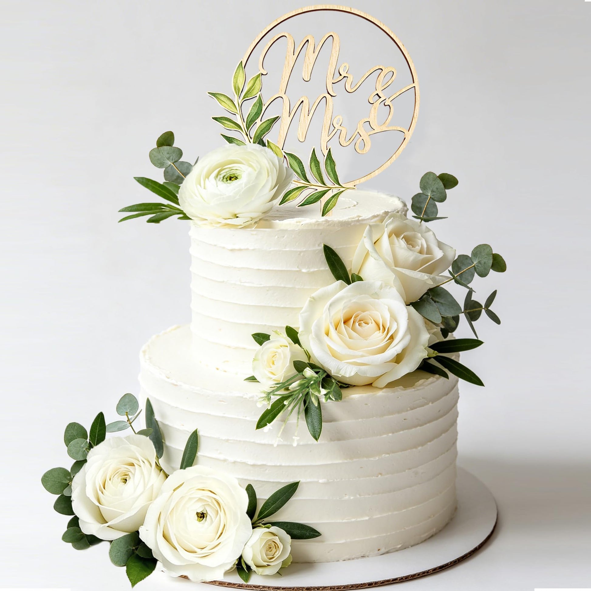 Mr & Mrs Wooden Wedding Cake Topper White Roses Flower Cake Decorations