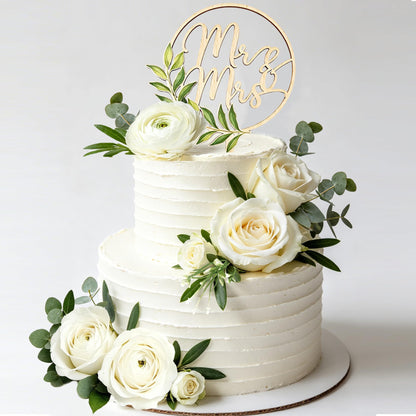 Mr & Mrs Wooden Wedding Cake Topper White Roses Flower Cake Decorations
