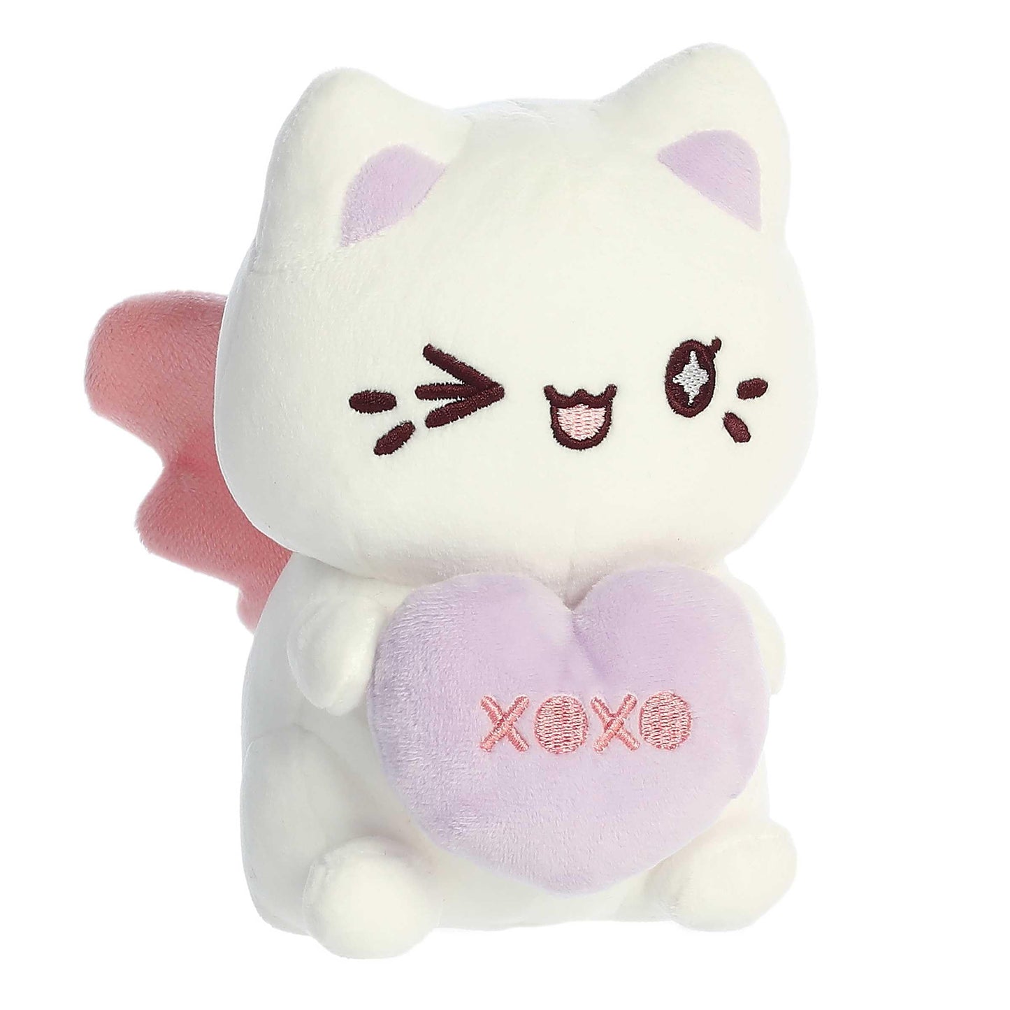 Aurora Enchanting Tasty Peach Candy Heart Sitting Meowchi Stuffed Animal - Bright & Colorful Design - Showpiece Plush - White 7 Inches