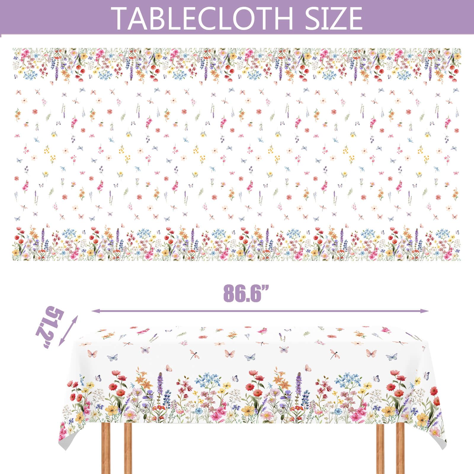 3 Pcs Wildflower Tablecloth Spring Summer Floral Table Cover for Butterfly Wildflowers Theme Picnic Dining Holiday Weeding Baby Shower Birthday Tea