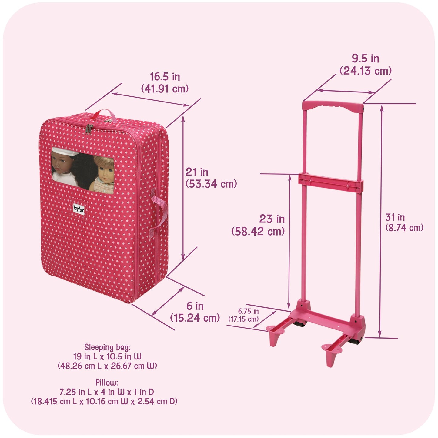 Badger Basket Double Trolley Doll Carrier with Two Sleeping Bags and Pillows - Perfect for 18-Inch Dolls in Pink Star Design