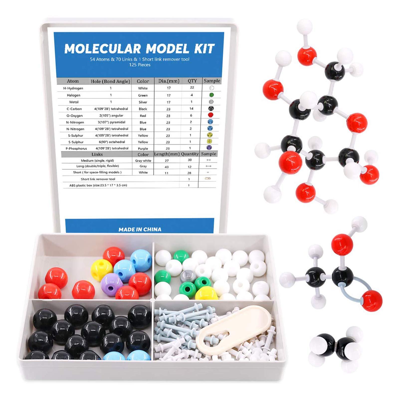 Swpeet 125 Pcs Molecular Model Kit for Inorganic & Organic Molecular Model Teacher and 16 Years and Over Student Kit - 54 Atoms & 70 Links & 1 Short