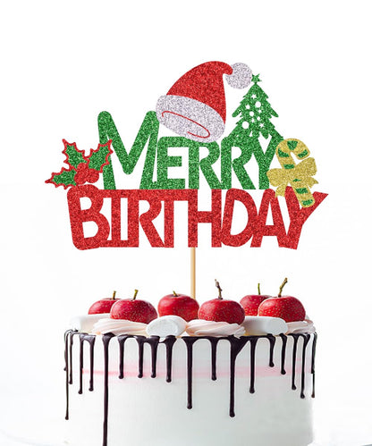 Naicaek Merry Birthday Cake Topper,Christmas Holiday Party Supplies