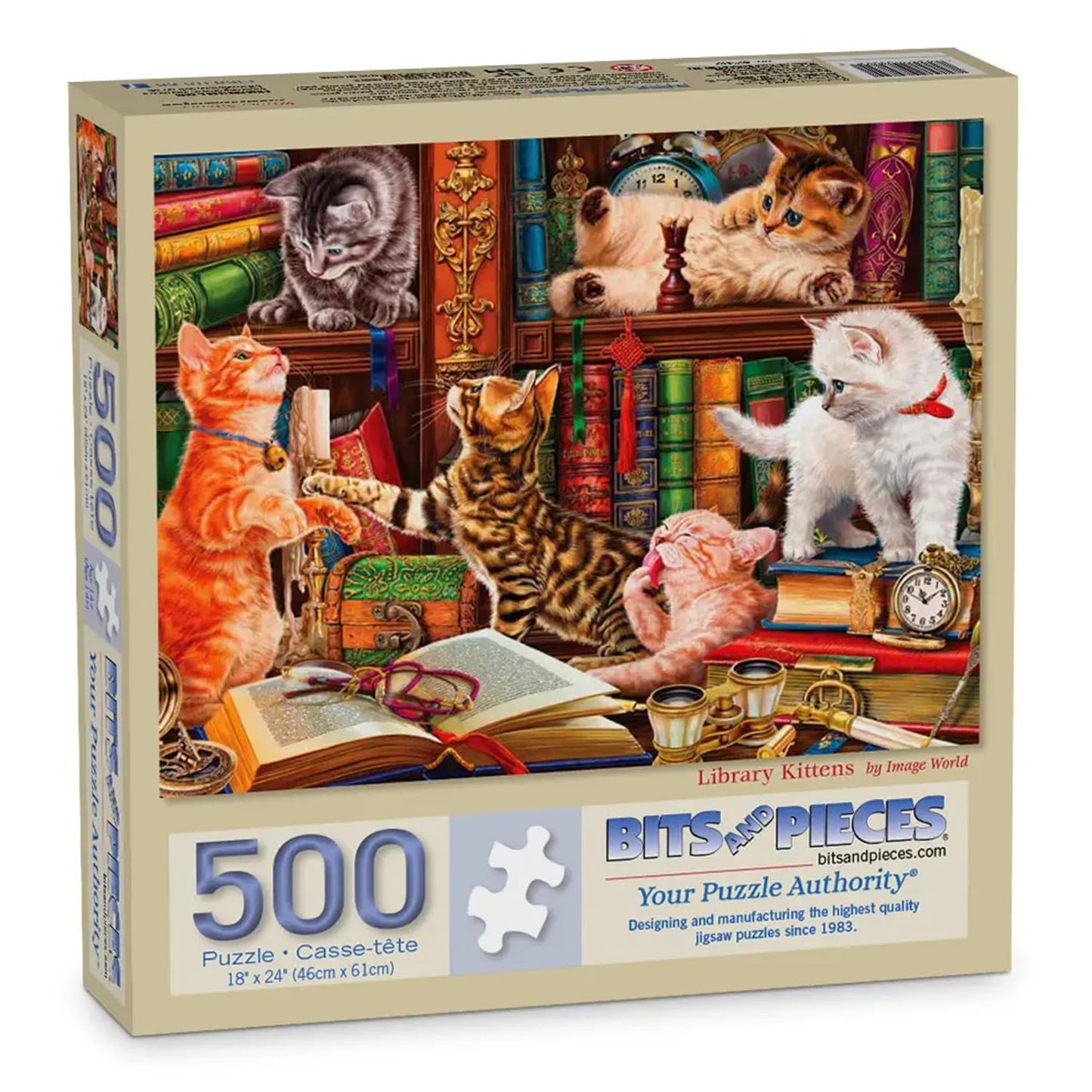 Bits and Pieces 500 Piece Puzzles for Adults - Library Kittens - Large 18" x 24" Jigsaw Puzzles 500 Pieces Cute Cats Books, No 2 Pieces Alike