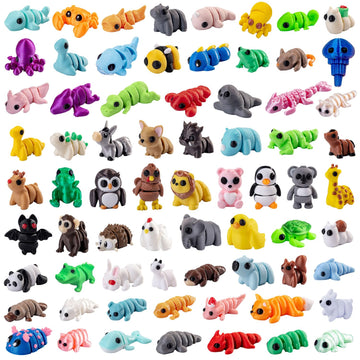 63Pcs Mini 3D Printed Articulated Animals Figurines Set - Surprise 3D Printed Animals Cute for Party Favors, Desk Decor, Classroom Prizes & Office