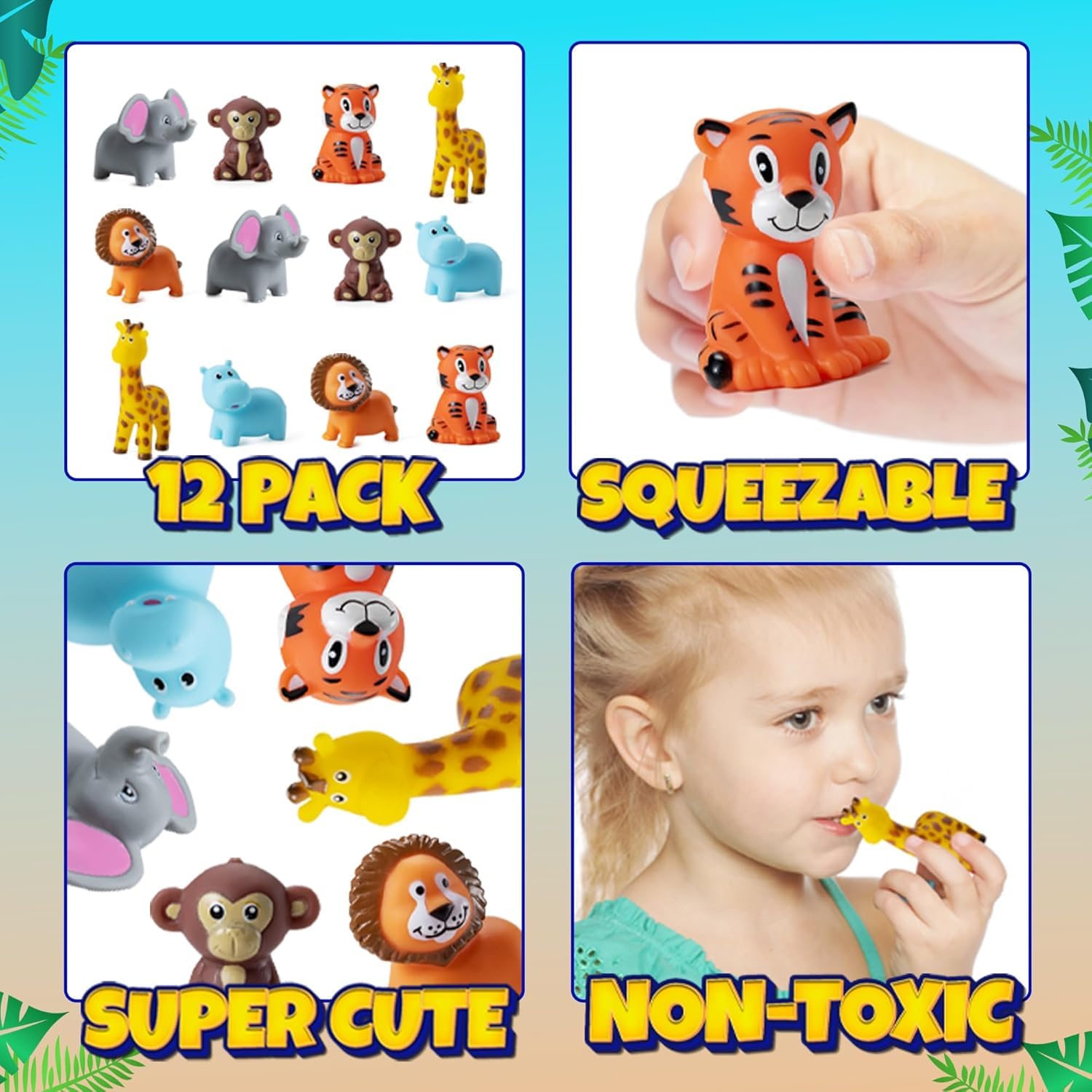 Mini Zoo Animals Bath Toys - (Pack of 12) Vinyl Rubber Jungle Safari Animal Figures, Squeezable Bath Tub Toys for Kids, Baby Shower, Birthday Party