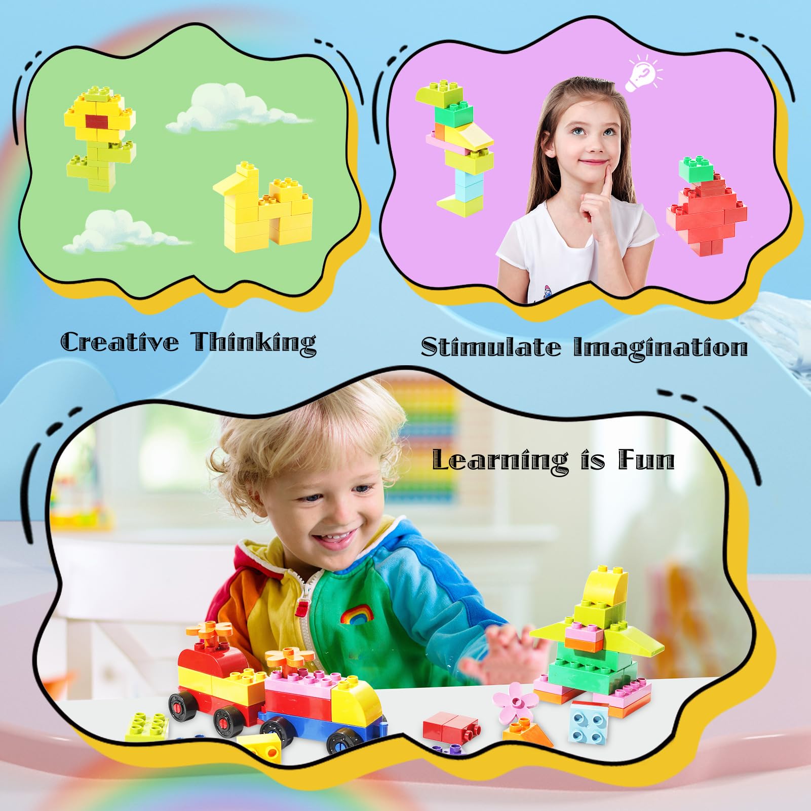 FlatGoat 208 Piece Large Building Blocks Set - Classic Big Bricks Compatible with All Major Brands, STEM Educational Toys for Kids Ages 3+, Creative