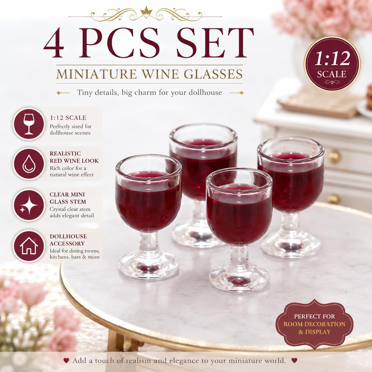 4Pcs Miniature Wine Glasses, Red, 1:12 Scale Dollhouse Accessories, Room Decoration Display