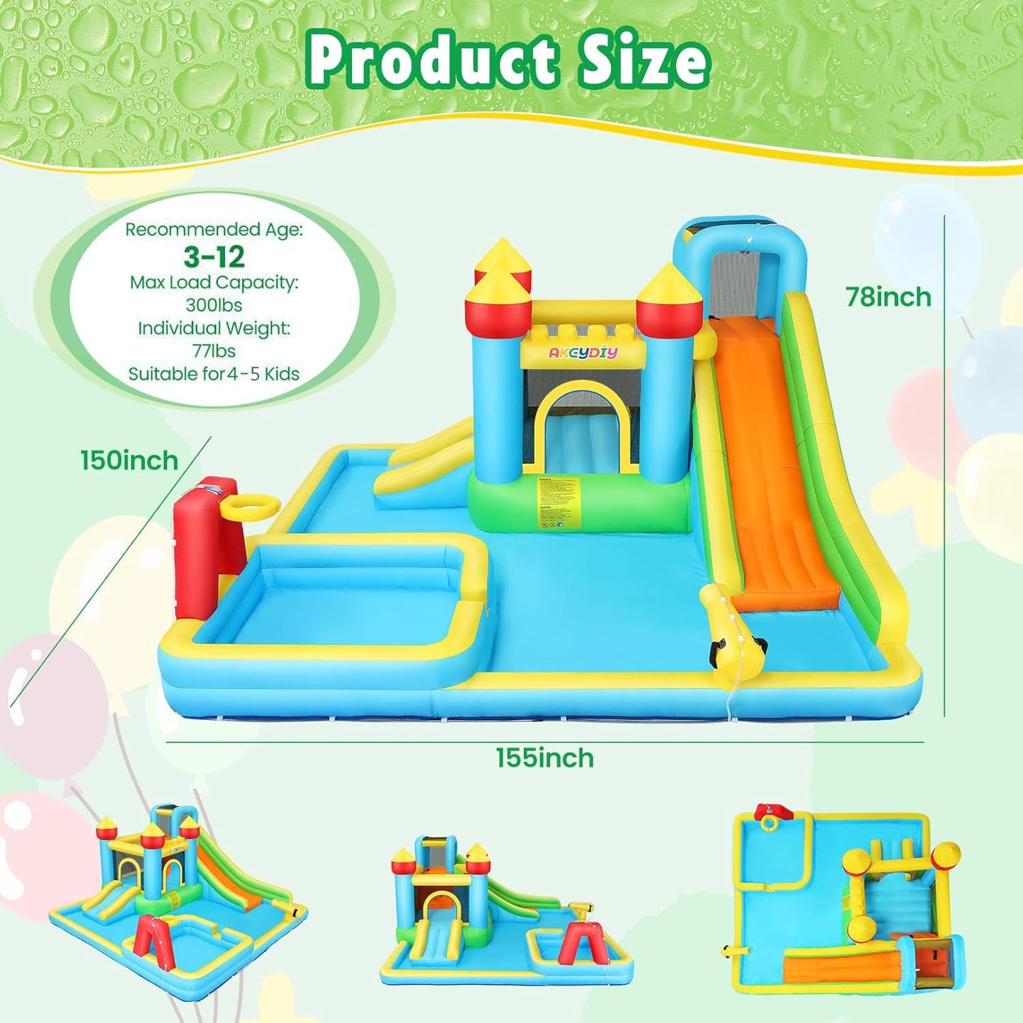 AKEYDIY Bounce House Water Slide,Giant Inflatable Water Slide for Big Kids 8-12 & Ages 3-10,Bounce House with Water Slide&Deep Pool,Blow Up Water