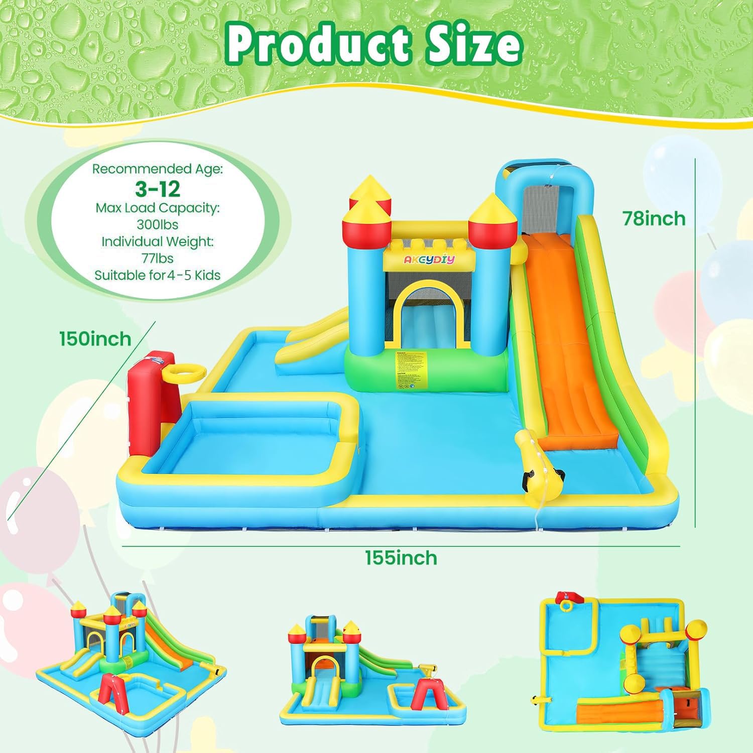 AKEYDIY Bounce House Water Slide,Giant Inflatable Water Slide for Big Kids 8-12 & Ages 3-10,Bounce House with Water Slide&Deep Pool,Blow Up Water