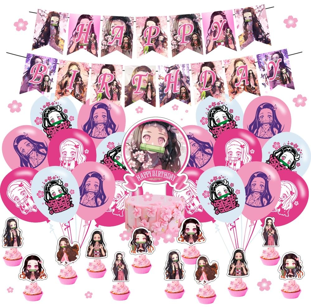 Nezuko Birthday Decorations, Demon Party Supplies Include Happy Birthday Banner, Cake Topper and Cupcake Toppers, Balloons for Kids Party Decor