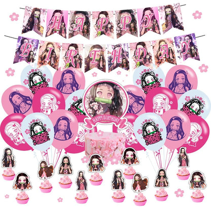 Nezuko Birthday Decorations, Demon Party Supplies Include Happy Birthday Banner, Cake Topper and Cupcake Toppers, Balloons for Kids Party Decor
