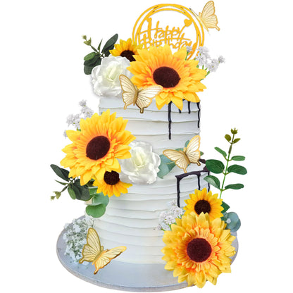 DRWATE Sunflower Cake Topper, 28 Pcs Multicolor Acrylic, Silk - Baby Shower, Wedding Decorations, Butterfly, Eucalyptus, Rose, Happy Birthday Topper