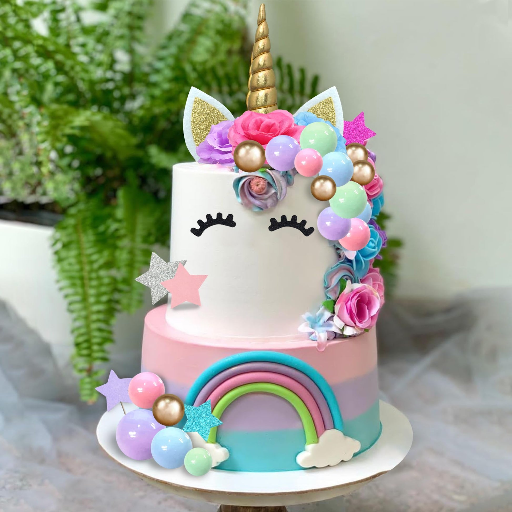 38 PCS Unicorn Cake Topper Unicorn Flower Cake Decorations with Flowers Balls Stars Unicorn Happy Birthday Cake Decorations (Flower)