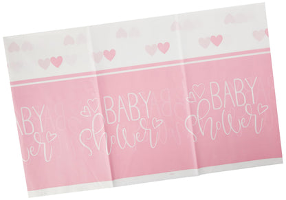 Pink Hearts "Baby Shower" Rectangular Plastic Table Cover 54" x 84" (1 Pc) - Charming & Elegant Party Decor for Your Celebration