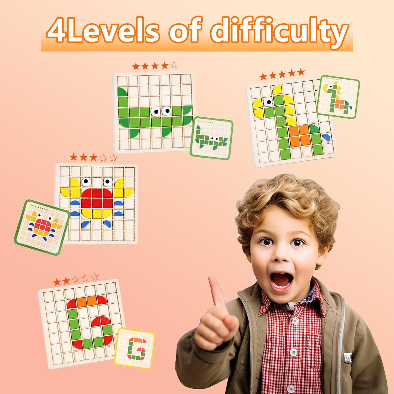 Mosaic Shape Wooden Pattern Blocks Puzzle, 120 PCS Wooden Pattern Blocks with 20 Pcs Reference Cards,Kindergarten Classic Educational Geometric Shape