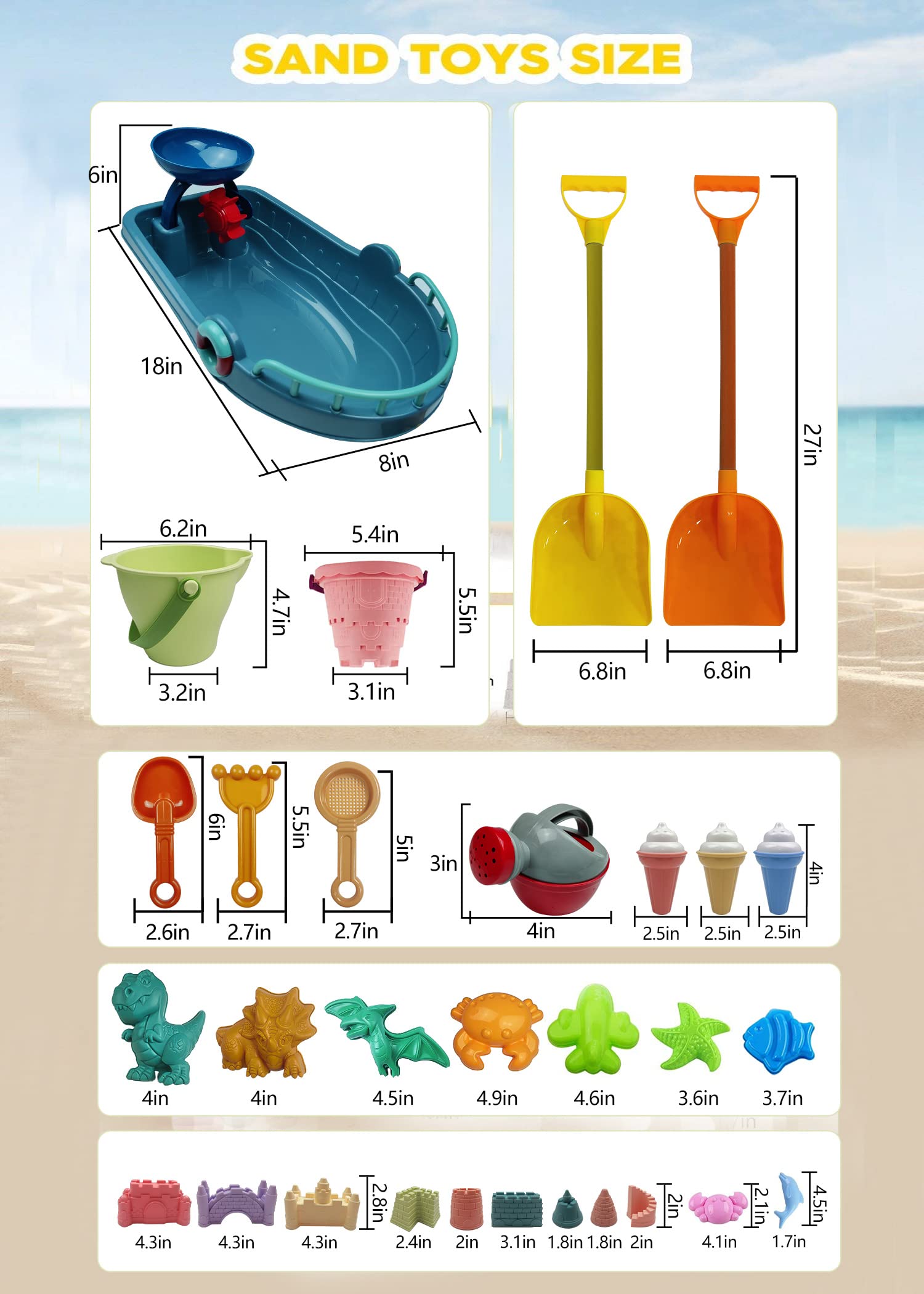 IOKUKI Long Shovels Sand Toys Set with Mesh Bag Including Bath Boat, Castle Building Kit Beach Buckets, Shovels, Rakes, Molds, Outdoor Beach Toys Tool