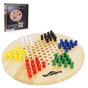 Win SPORTS Chinese Checkers Board - Classic Strategy Game & Fun for The Whole Family, Includes 60 Wooden Pegs in 6 Colors, Made with Natural Wood