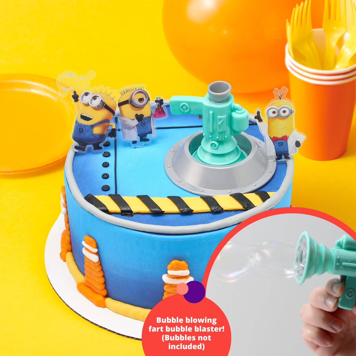 DecoSet® Minions Fart Bubble Blaster Cake Topper, 4 Piece Decoration Set With Working Bubble Wand, Stand, & Kevin, Bob, & Stuart Minions |