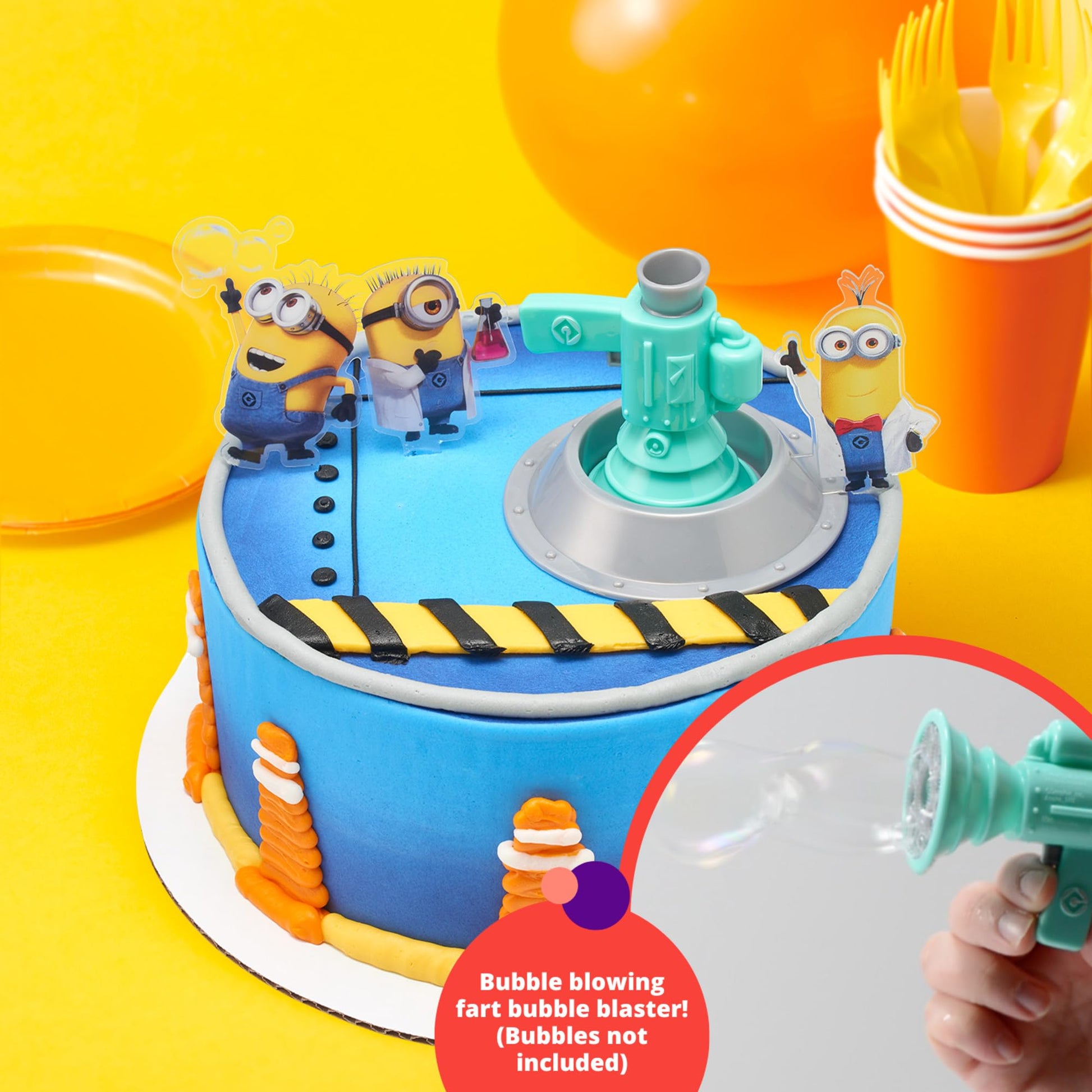 DecoSet® Minions Fart Bubble Blaster Cake Topper, 4 Piece Decoration Set With Working Bubble Wand, Stand, & Kevin, Bob, & Stuart Minions |